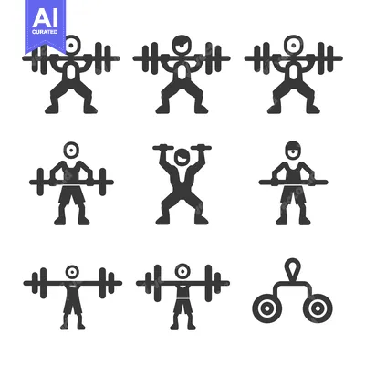Aset premium populer: A set of nine icons depicting a stick figure weightlifter in different