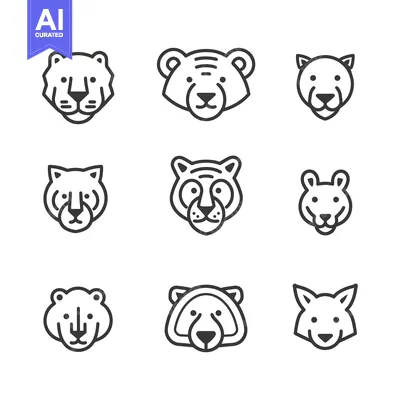 Premium design asset: A Set of Nine Line Art Animal Faces: Tiger, Lion, and Bear
