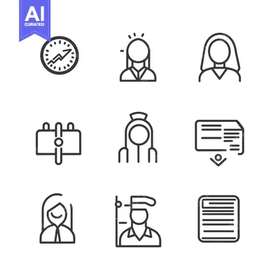 Aset desain premium: A set of nine line art icons depicting various business and profession