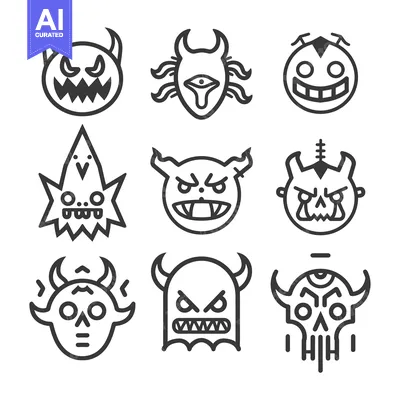 Aset premium populer: A Set of Nine Line Art Monster Faces