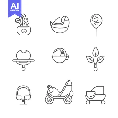Aset premium populer: A Set of Nine Line Drawings Depicting Baby Items