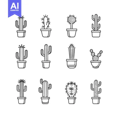 Aset premium populer: A Set of Nine Line Drawings of Cactus Plants in Pots