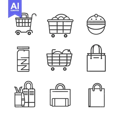 Aset premium populer: A Set of Nine Line Drawings of Shopping Carts, Baskets and Bags