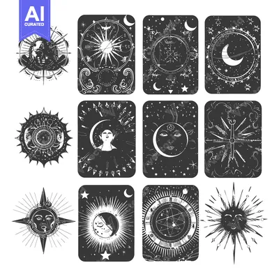 Aset desain premium: A Set of Nine Monochromatic Illustrations of Celestial Bodies with Fac