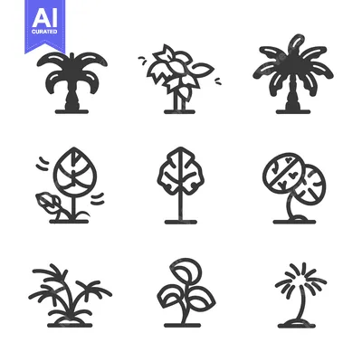 Aset premium populer: A Set of Nine Outline Illustrations of Various Tree and Plant Species