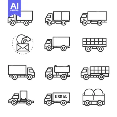 Aset premium populer: A Set of Nine Outline Truck Icons for Delivery and Transportation