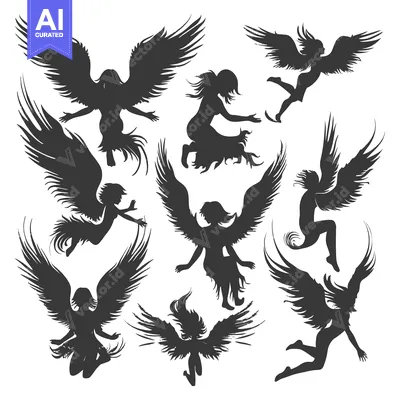 Aset premium populer: A Set of Nine Silhouettes of Female Angels with Wings Spread