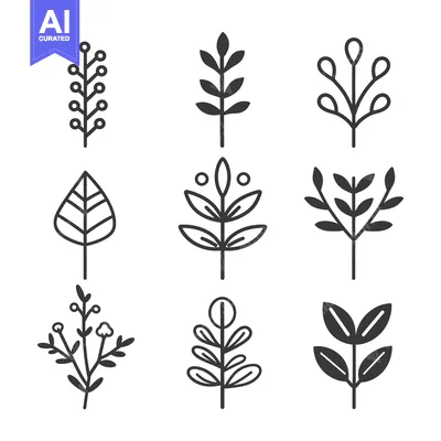 Aset desain premium: A Set of Nine Simple Hand-Drawn Line Art Leaf and Flower Illustrations