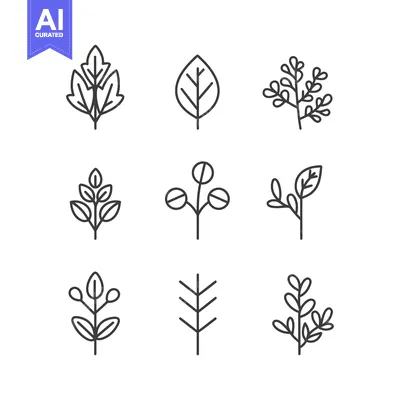 Aset premium populer: A Set of Nine Simple Line Drawings of Plants and Leaves