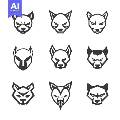 Aset desain premium: A Set of Nine Stylized Animal Head Logos in Black and White