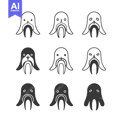 Aset premium populer: A set of nine walrus illustrations in various styles, including black