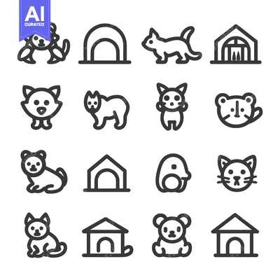 A Set of Pet Animal and House Line Icons