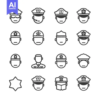 Aset desain premium: A Set of Police Officer Head Icons in Black and White