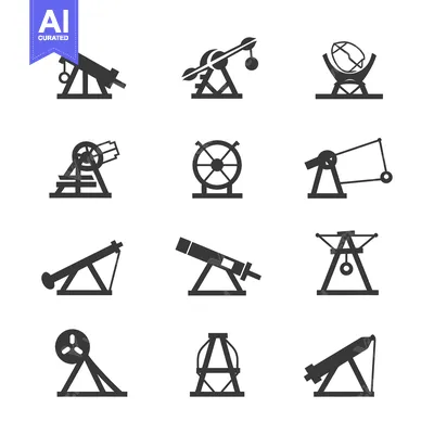 Aset desain premium: A Set of Simple Black and White Siege Weapon Icons