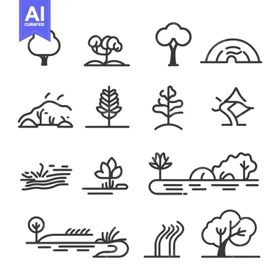 Aset premium populer: A Set of Simple Line Art Illustrations of Trees and Nature Scenes