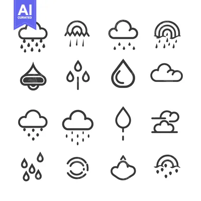 Aset desain premium: A Set of Simple Weather Icons Depicting Rain, Clouds, and a Rainbow