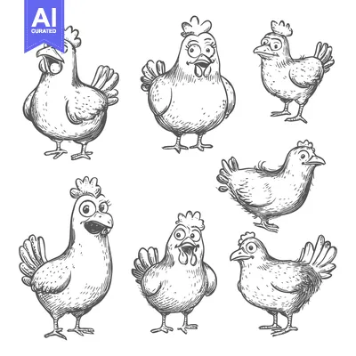 A Set of Six Hand-Drawn Chickens in Various Poses