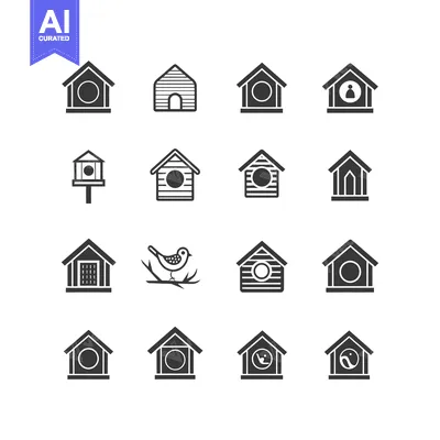 A Set of Sixteen Birdhouse Icons in Black and White