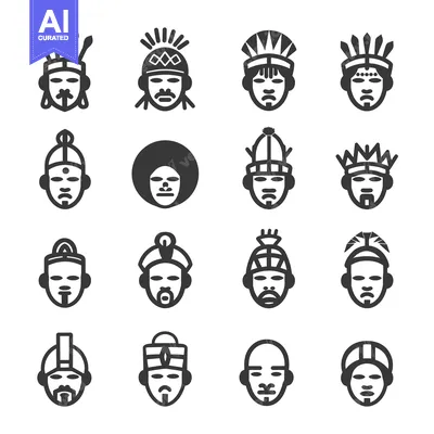 Premium design asset: A Set of Sixteen Black and White Head Icons Depicting Various Cultures