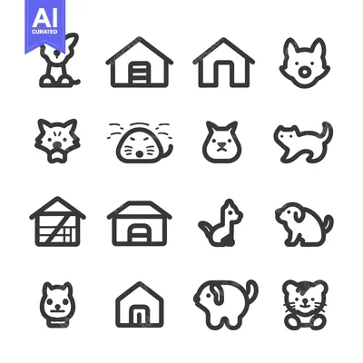 A set of sixteen black and white icons depicting pets and their homes