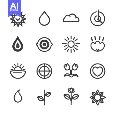 Premium design asset: A Set of Sixteen Black and White Icons Featuring Sun, Rain, Clouds, Pl