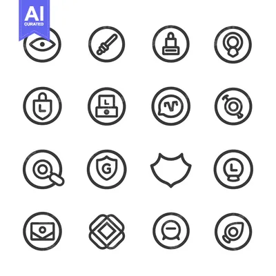 Aset premium populer: A set of sixteen black and white icons with circular outlines