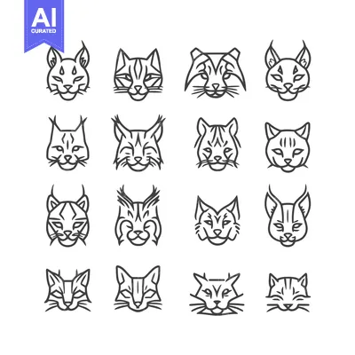 Aset desain premium: A Set of Sixteen Black and White Line Art Cat Heads