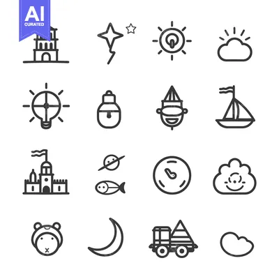 Aset desain premium: A Set of Sixteen Black and White Line Drawings of Various Subjects