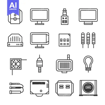 Aset desain premium: A Set of Sixteen Black and White Line Icons of Electrical Components