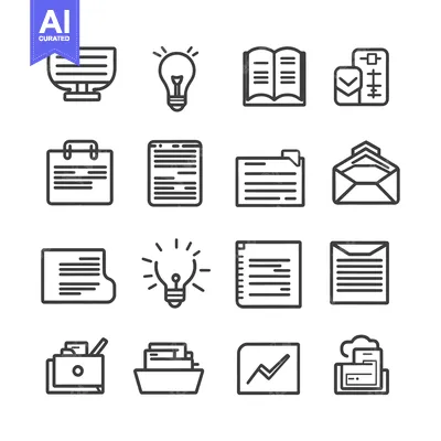 Aset desain premium: A Set of Sixteen Black and White Line Icons Related to Documents and I