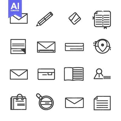 Aset desain premium: A Set of Sixteen Black and White Line Icons Related to Office and Docu