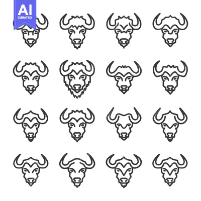 A set of sixteen black and white outline buffalo head icons