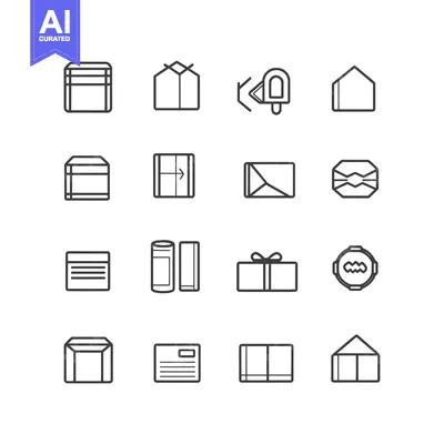 Aset desain premium: A Set of Sixteen Black and White Outline Icons Depicting Various Packa
