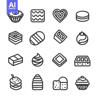 Aset premium populer: A Set of Sixteen Black and White Outline Icons Depicting Various Sweet