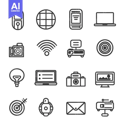 Aset desain premium: A Set of Sixteen Black and White Outline Icons Representing Technology
