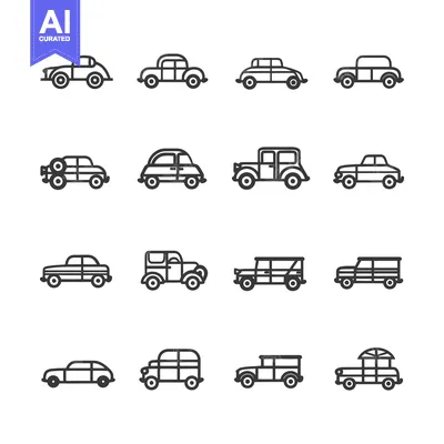 Aset desain premium: A Set of Sixteen Black and White Outline Vintage Car Icons