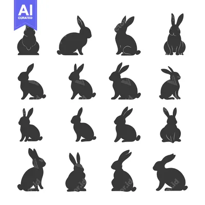 Aset desain premium: A Set of Sixteen Black Rabbit Silhouettes in Various Poses