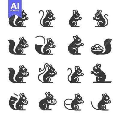 Aset premium populer: A Set of Sixteen Black Squirrel Icons in Various Poses