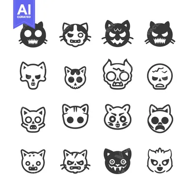 Aset desain premium: A Set of Sixteen Cartoon Cat Faces with Different Expressions