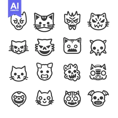 Aset desain premium: A Set of Sixteen Cat Skull and Cat Face Emojis
