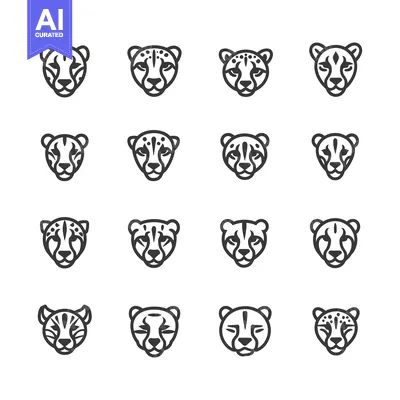 Aset premium populer: A Set of Sixteen Cheetah Head Icons with Different Fur Patterns in Bla