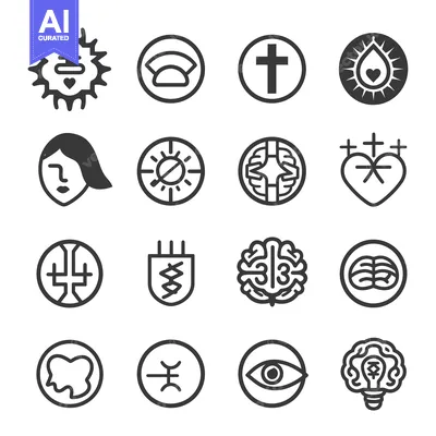Premium design asset: A Set of Sixteen Circular Black and White Icons Depicting Various Abst