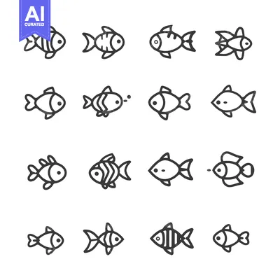 Aset desain premium: A Set of Sixteen Diverse Fish Line Drawings