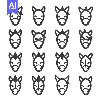 Aset desain premium: A Set of Sixteen Donkey Head Icons with Various Mane Styles