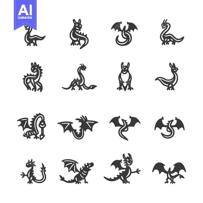 Aset premium populer: A Set of Sixteen Dragon Icons in Black and White