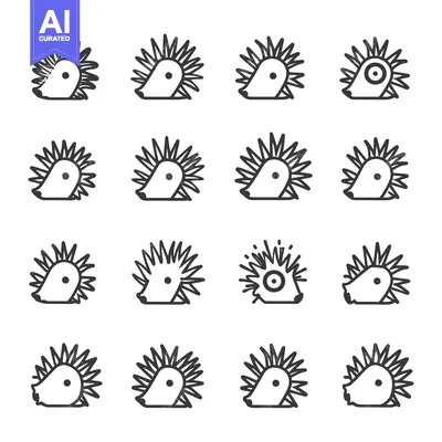 Aset desain premium: A Set of Sixteen Line Art Hedgehog Illustrations