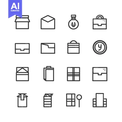 Aset desain premium: A Set of Sixteen Line Art Icons Depicting Various Containers, Packages