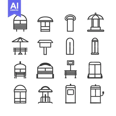 Aset desain premium: A Set of Sixteen Line Drawings Depicting Outdoor Shelters and Structur