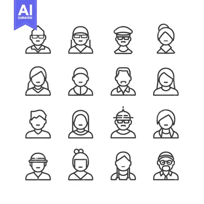 Aset desain premium: A Set of Sixteen Line Drawings of People's Faces