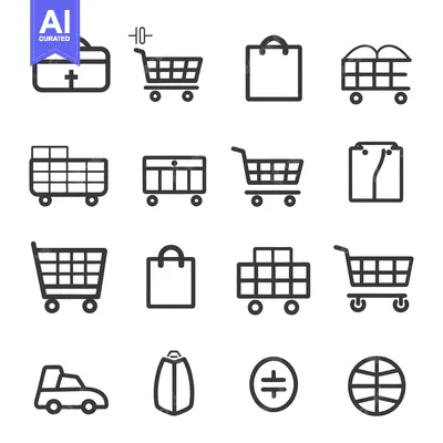 Aset desain premium: A Set of Sixteen Line Drawings of Shopping Carts, Bags, and Other Rela